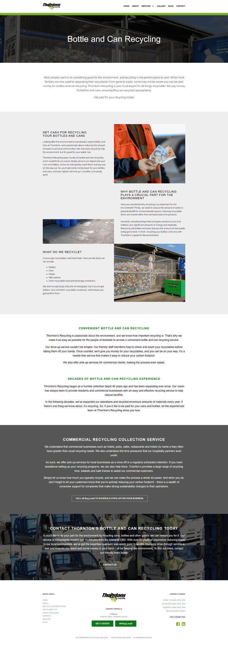 Thorntons Recycling Screenshot full site Thorntons Recycling full site representing can recycling Adelaide, recycling services, waste recycling, aluminium cans, metal recycling, and sustainable waste management solutions.